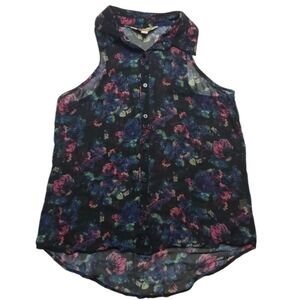 Decree Ladies Black Floral Sleeveless‎ Tank Top Cami Womens Button Up Shirt